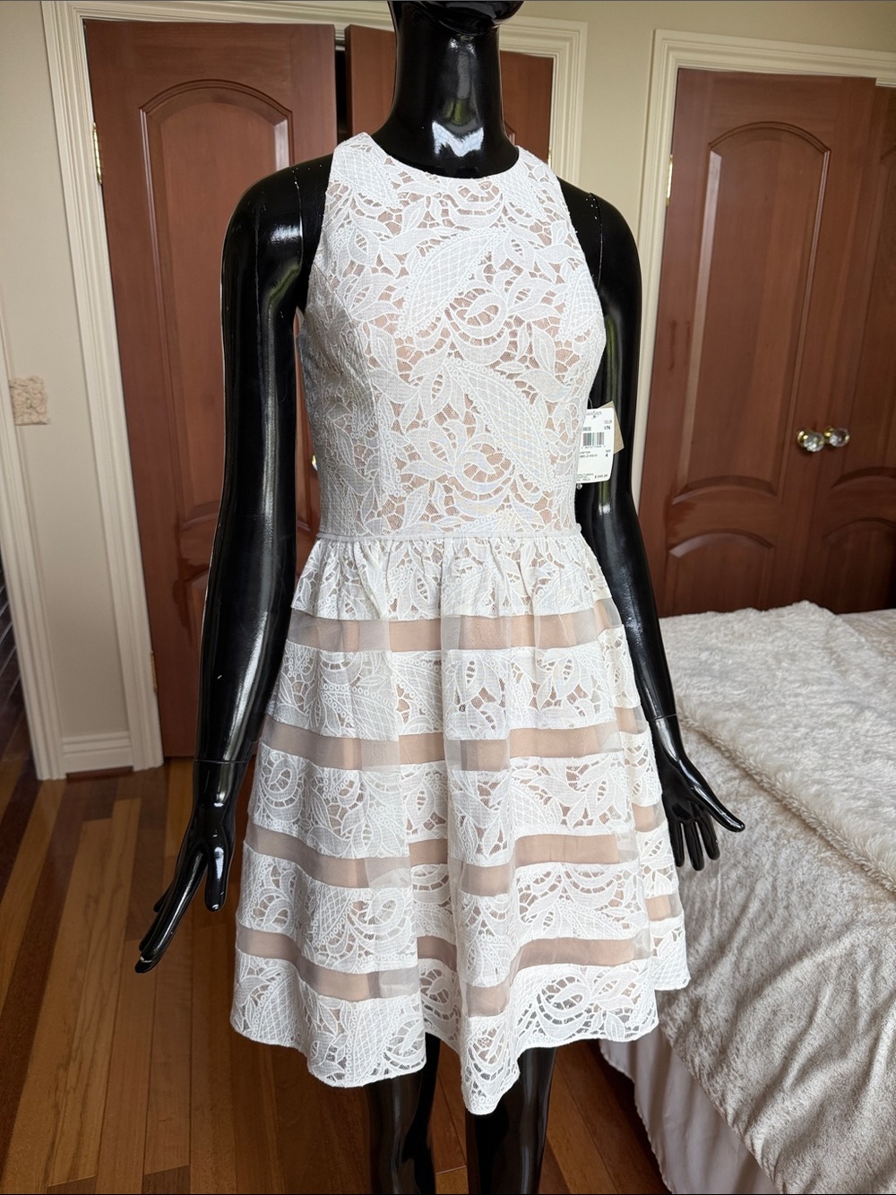 Women’s White Lace Fit-and-Flare Dress with Nude Lining